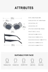 Detailed size chart for glitter flower sunglasses showing frame width and lens height
