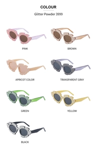Glitter powder flower sunglasses in seven vibrant colors including pink, green and yellow