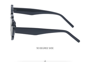 90 degree side view of irregular black glitter sunglasses with floral sparkle accents