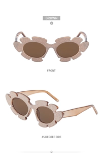 Front and side view of brown irregular flower-shaped sunglasses with glitter finish