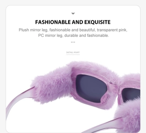 Close-up of stylish plush mirror legs on transparent pink square frame sunglasses