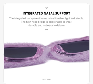 Close-up of integrated nasal support on purple plush square frame sunglasses