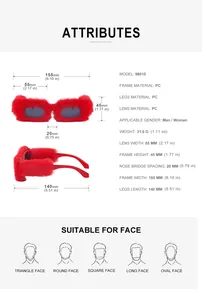Detailed size chart for plush square sunglasses showing frame dimensions and PC material