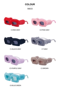 Collection of plush square frame sunglasses in seven colors featuring faux fur textures
