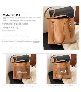 Detailed dimensions of the brown PU leather tote bag shown with A4 paper and iPad comparison
