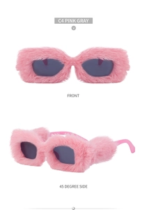 Detail of pink faux fur square sunglasses with grey lenses in Y2K fashion style