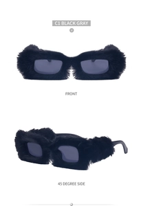 Detailed front and side views of square sunglasses with black faux fur trim and gray lenses