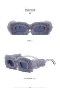 Detailed view of gray plush square frame sunglasses from front and side angles