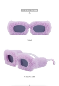 Front and side view of trendy purple plush square sunglasses with dark gray lenses