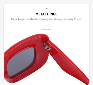 Detail view of durable metal hinges on wide square frame fashion sunglasses