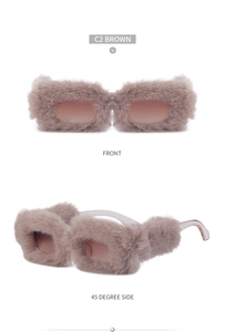 Front and side views of brown plush rectangle sunglasses with gradient lenses