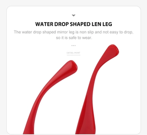 Detail showing red resin temple tips with a water drop shaped non-slip design