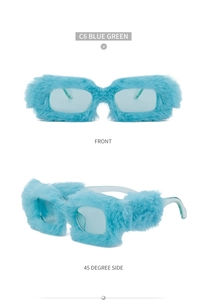 Detailed front and side views of blue green plush square sunglasses with soft fur texture