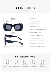 Detailed technical diagram of square oversized sunglasses with exact frame dimensions