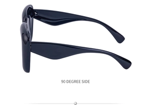 90-degree side view of glossy black square frame sunglasses with wide temples