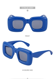 Front and side view of thick-frame blue rectangle sunglasses with grey lenses