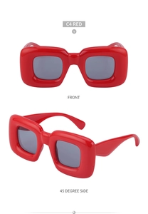 Front and 45-degree side views of bright red chunky square sunglasses with dark lenses