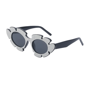 Sparkly silver glitter flower shaped sunglasses with black frames for women party style