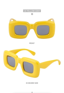 Front and side view of thick yellow square frame sunglasses with grey lenses
