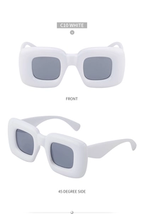 Front and 45-degree angle views of white puffy square frame sunglasses with dark lenses