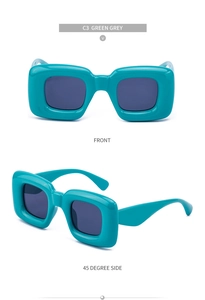 Detail of square thick frame sunglasses in Tiffany green with dark grey lenses