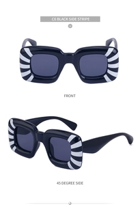 Detailed front and side view of black square sunglasses with white radial stripe accents