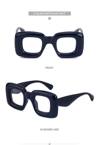 Front and side macro views of black thick square frames with anti-blue light lenses