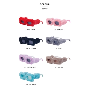 Plush rectangular sunglasses collection in seven colors with faux fur frames and dark lenses