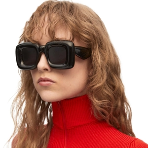 Fashionable oversized puffy square black sunglasses with a glossy finish for women and men
