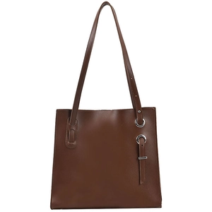 Retro deep brown large capacity leather tote bag with elegant silver buckle detail