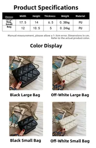 Detailed size comparison of quilted PU chain shoulder bags in two sizes and colors