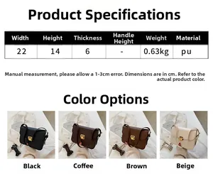 Guide des tailles avec dimensions 22x14x6cm et détails du matériau pour ce sac vintage