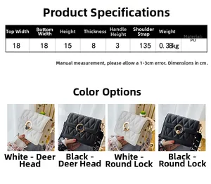 Detailed size chart of quilted crossbody bags showing dimensions and wide shoulder straps