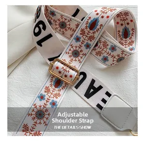 Close-up of adjustable wide woven shoulder strap with floral patterns and metal buckle