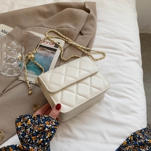 Women Quilted Shoulder Bag PU Leather Flap Crossbody Purse With Adjustable Golden Ball Chain Strap Elegant Square Bag