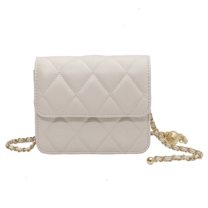 White quilted crossbody flap bag with gold chain strap and adjustable metal ball detail