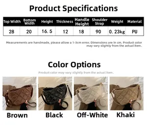 Size guide for quilted PU leather bucket bag showing dimensions and four available colors