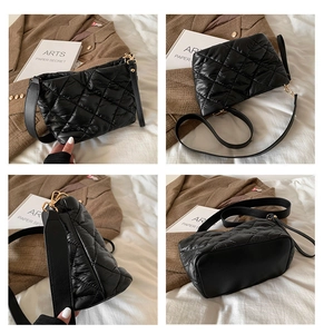 Detailed multi-angle views of black quilted puffer shoulder bag with gold hardware