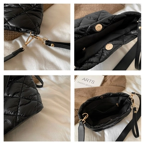 Detailed views of black quilted bucket bag featuring gold hardware and inner pockets
