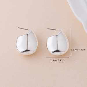 Polished silver teardrop stud earrings with minimalist C-shape design and size measurements