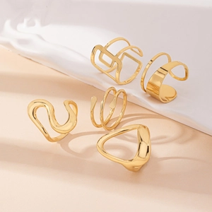 Five-piece set of gold minimalist irregular geometric and wavy open rings for women
