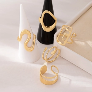 Five-piece set of golden irregular water drop open rings with a minimalist polished finish