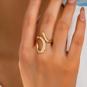 Irregular Geometric Open Ring Minimalist Wavy Line Adjustable Alloy Jewelry Gift For Women Gold Color