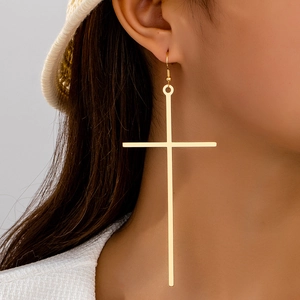 Gold Tone Alloy Cross Dangle Earrings Exaggerated Punk Long Drop Ear Jewelry For Women Retro Personality Fashion Style