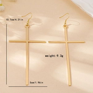 Minimalist long gold cross earrings with hook closure, 10.7cm length, punk style