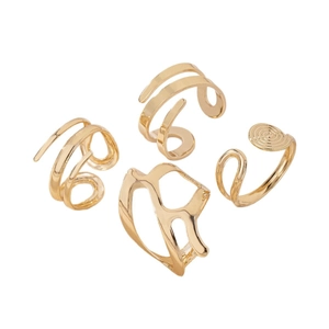 Set of 4 gold minimalist geometric open rings including spiral and hollow designs