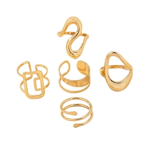 Five-piece gold irregular water drop ring set with minimalist geometric and wavy open designs