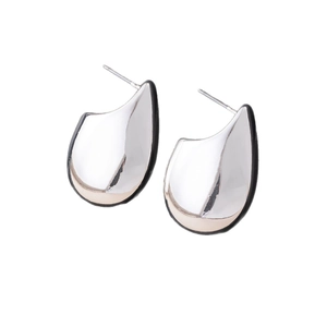 Minimalist silver-toned irregular lava teardrop C-shape earrings for women in polished metal