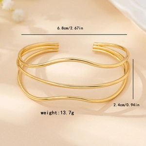 Gold multi-layer wavy open bangle with minimalist triple-line design for women