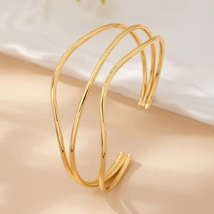 Elegant gold minimalist triple-layered open cuff bracelet for women with slim wire design